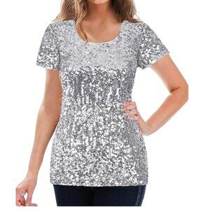 NEW (w/o Tags) Women's Silver Sequin Short Sleeve Scoop Neck Blouse Top, Size M